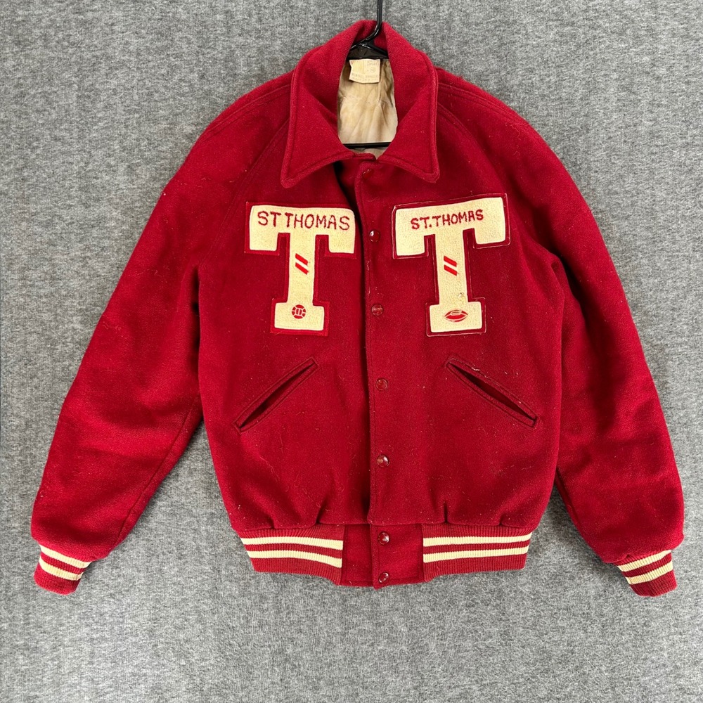VTG Howe Red Wool St Thomas Varsity Letterman Jacket 42 USA 60s Distress Thrash